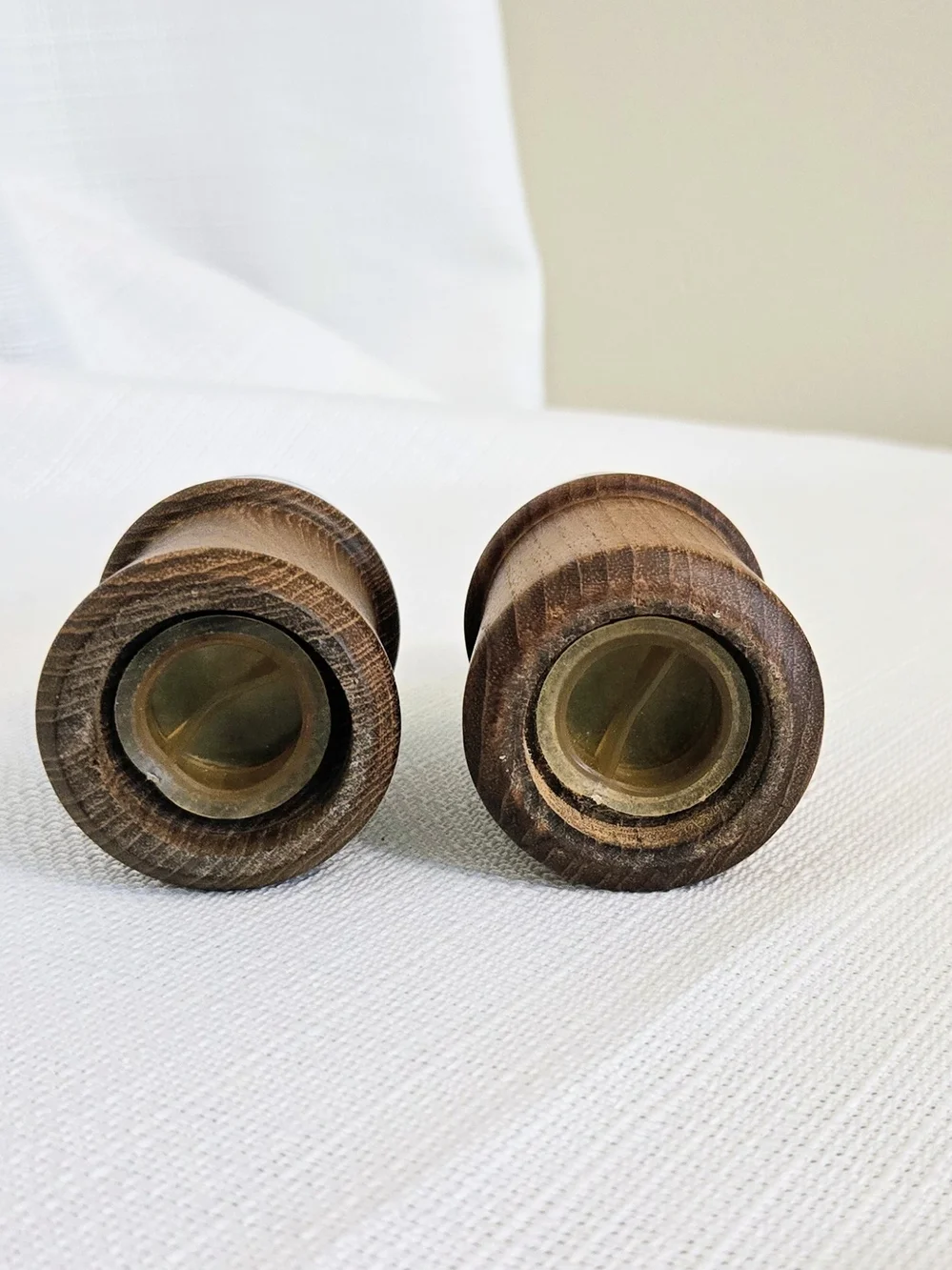 Vtg Dansk Salt & Pepper Shaker Set Blue White Teak Wood Scroll Floral 4